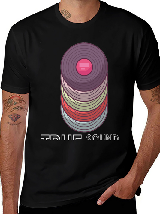 Camiseta Negra con Diseño de Discos y Texto Trip Sound