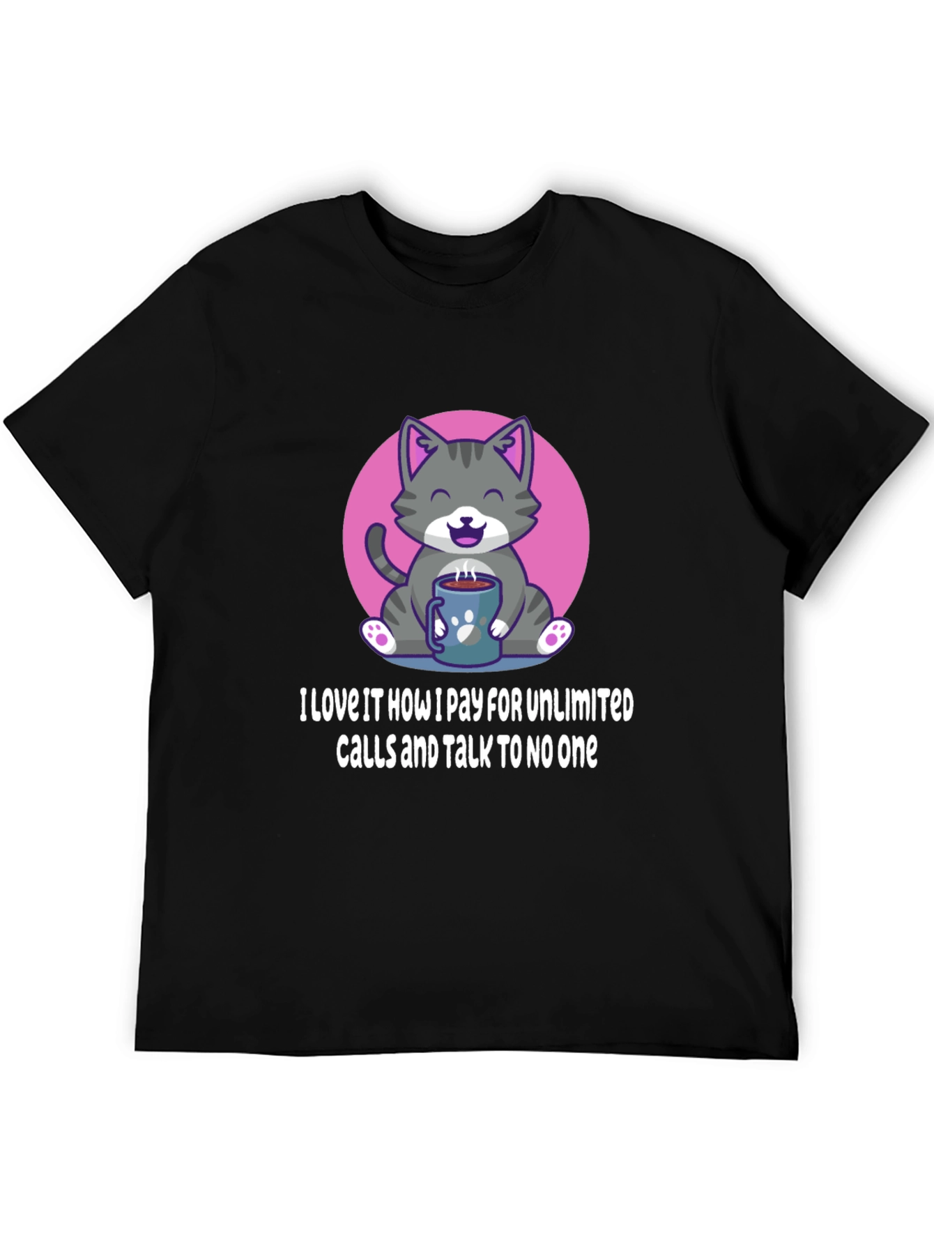 Camiseta Negra: Gato con Café y Frase Divertida