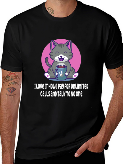 Camiseta Negra: Gato con Café y Frase Divertida