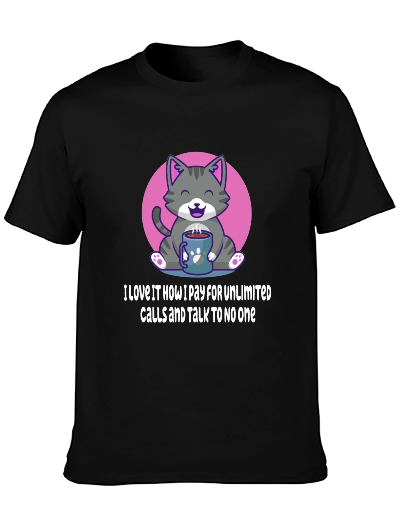 Camiseta Negra: Gato con Café y Frase Divertida