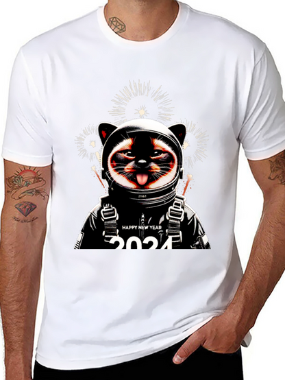 Camiseta Negra con Diseño de Gato Astronauta Año Nuevo