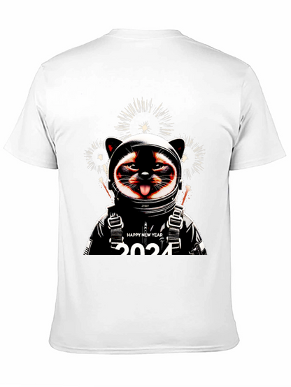Camiseta Negra con Diseño de Gato Astronauta Año Nuevo