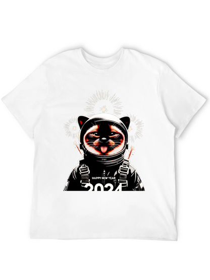 Camiseta Negra con Diseño de Gato Astronauta Año Nuevo