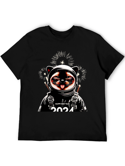 Camiseta Negra con Diseño de Gato Astronauta Año Nuevo
