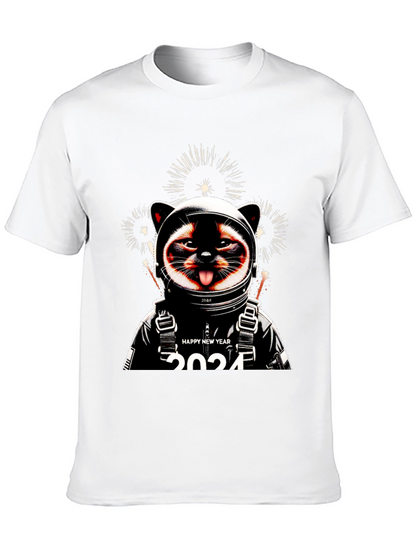 Camiseta Negra con Diseño de Gato Astronauta Año Nuevo