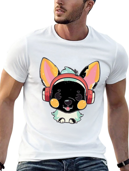 Camiseta Negra con Diseño de Perrito con Auriculares