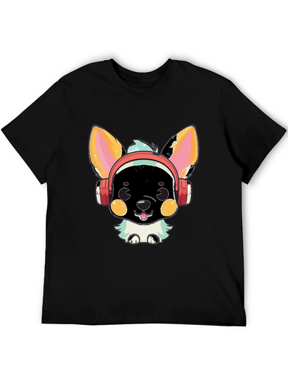 Camiseta Negra con Diseño de Perrito con Auriculares