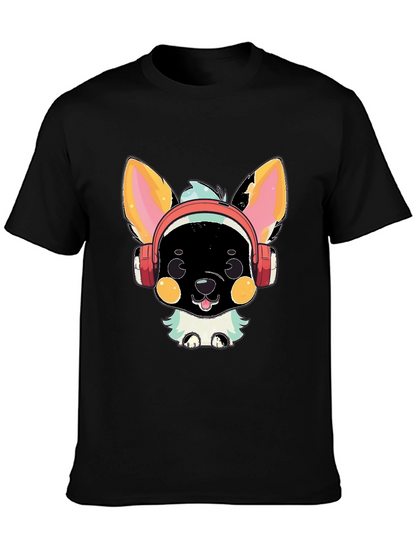 Camiseta Negra con Diseño de Perrito con Auriculares