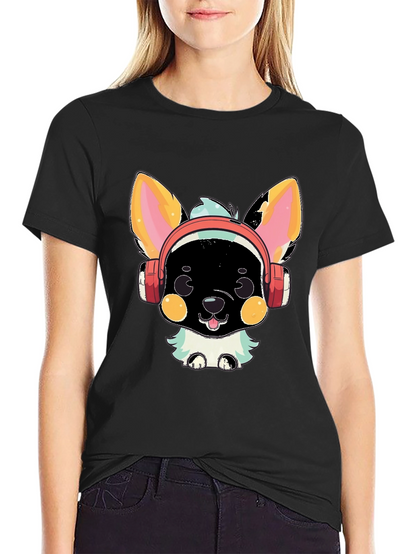 Camiseta Negra con Diseño de Perrito con Auriculares