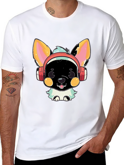 Camiseta Negra con Diseño de Perrito con Auriculares