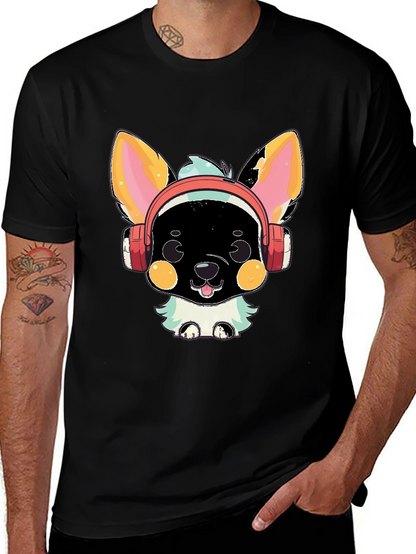 Camiseta Negra con Diseño de Perrito con Auriculares