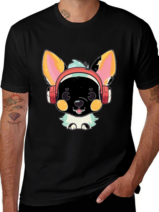 Camiseta Negra con Diseño de Perrito con Auriculares