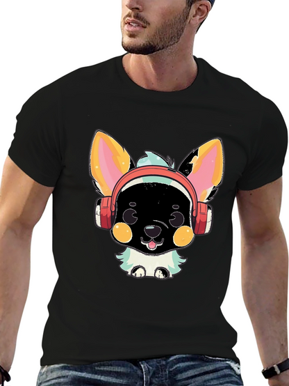 Camiseta Negra con Diseño de Perrito con Auriculares