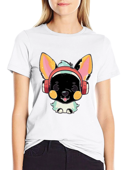Camiseta Negra con Diseño de Perrito con Auriculares