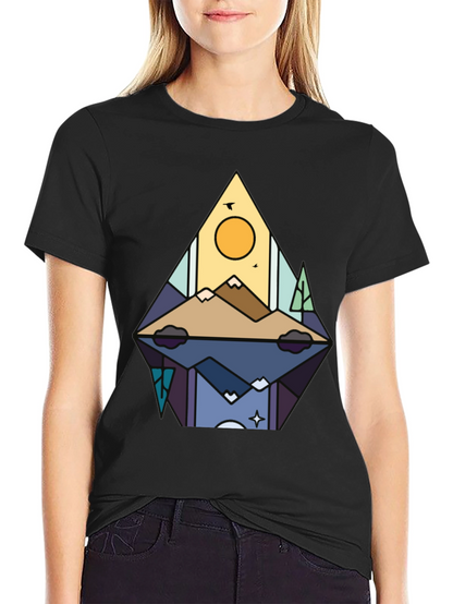 Camiseta Negra con Diseño de Montaña Abstracta