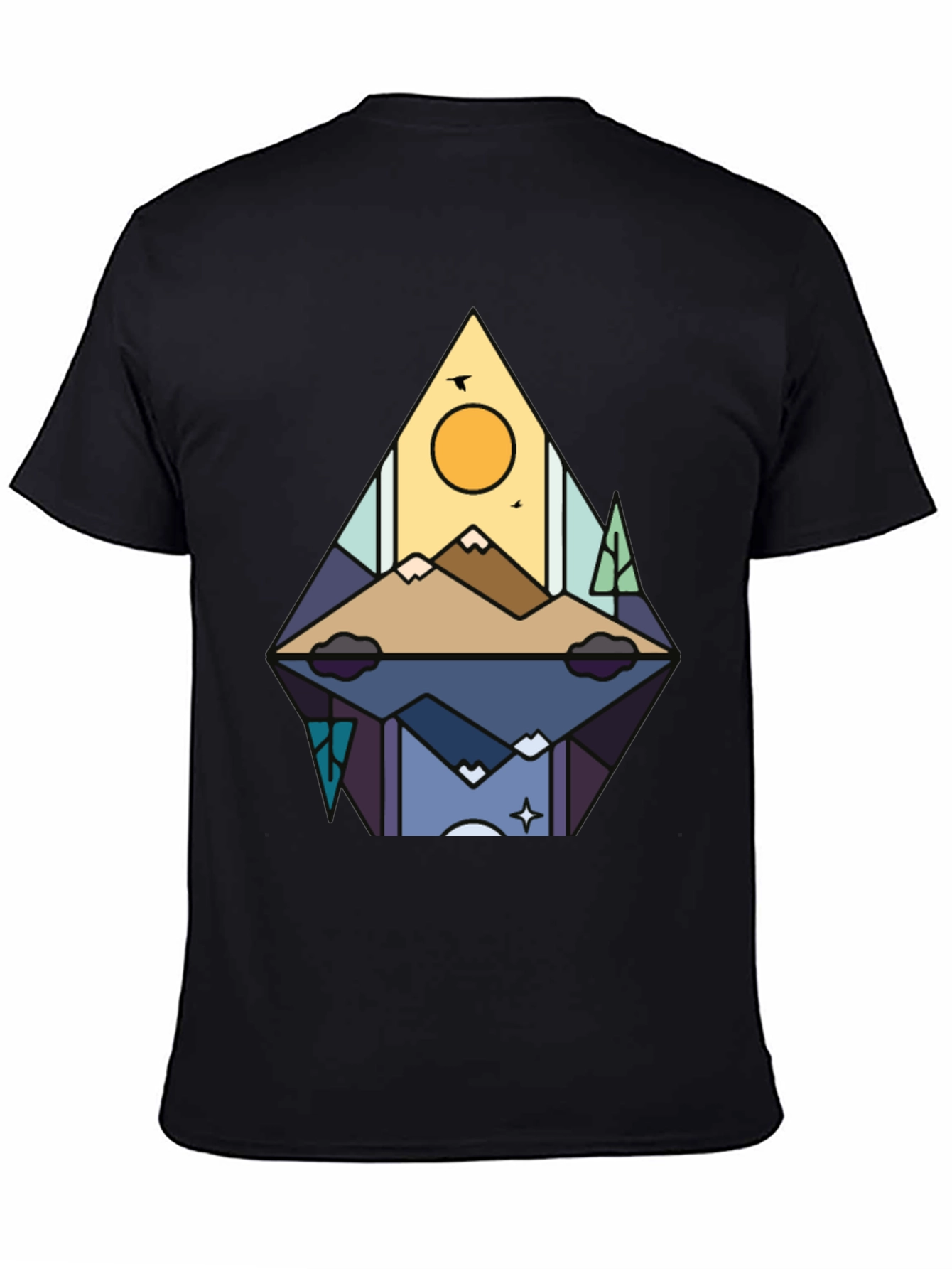 Camiseta Negra con Diseño de Montaña Abstracta
