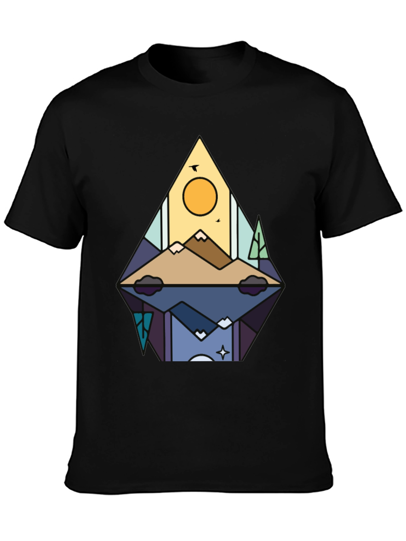 Camiseta Negra con Diseño de Montaña Abstracta