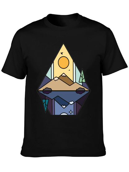 Camiseta Negra con Diseño de Montaña Abstracta
