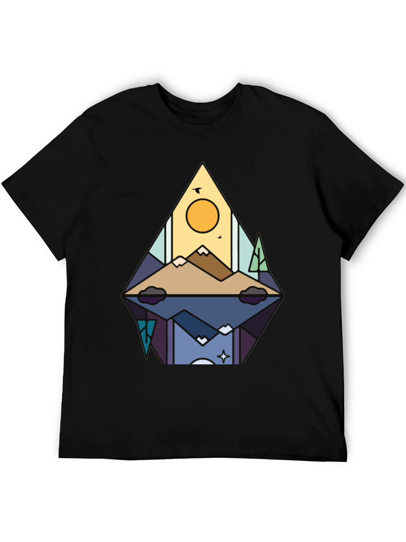 Camiseta Negra con Diseño de Montaña Abstracta