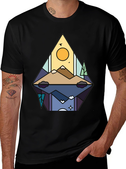 Camiseta Negra con Diseño de Montaña Abstracta