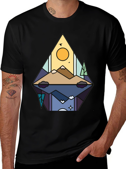 Camiseta Negra con Diseño de Montaña Abstracta