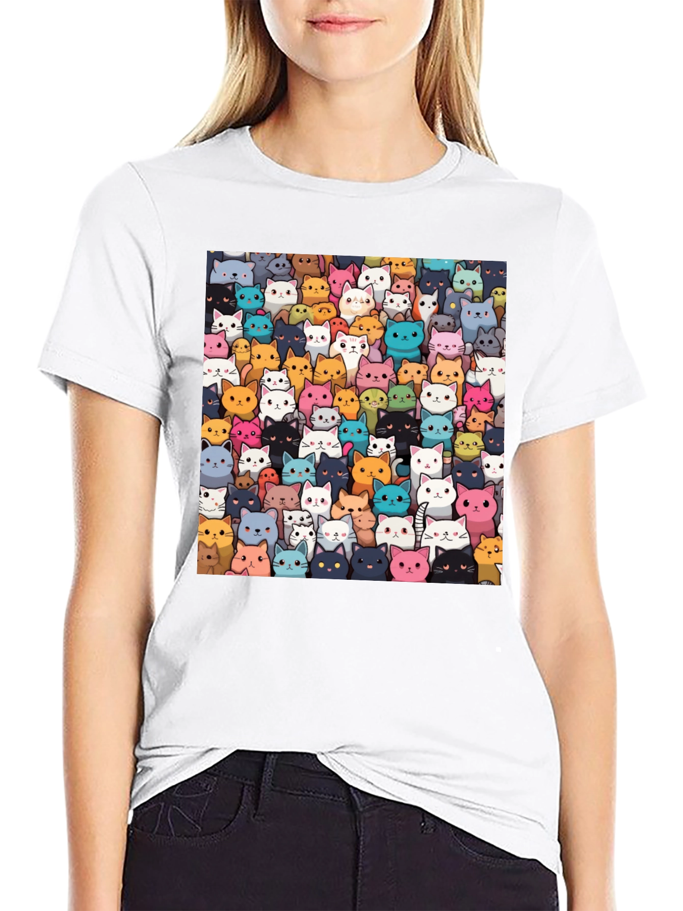 Camiseta Negra con Diseño de Gatos Animados