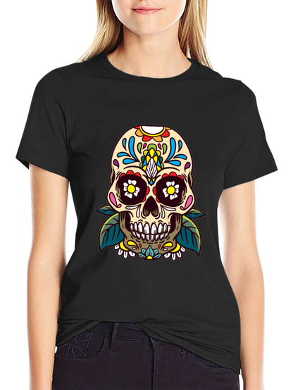 Camiseta Negra con Calavera de Azúcar Floral