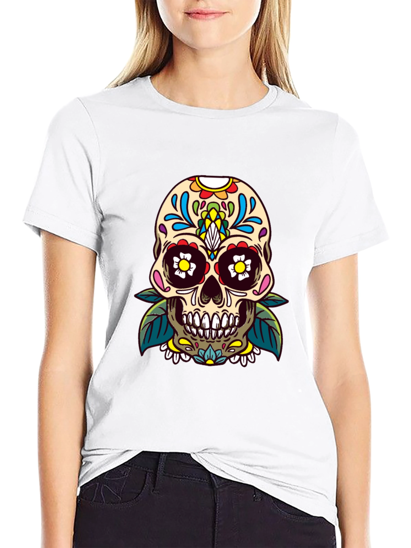 Camiseta Negra con Calavera de Azúcar Floral