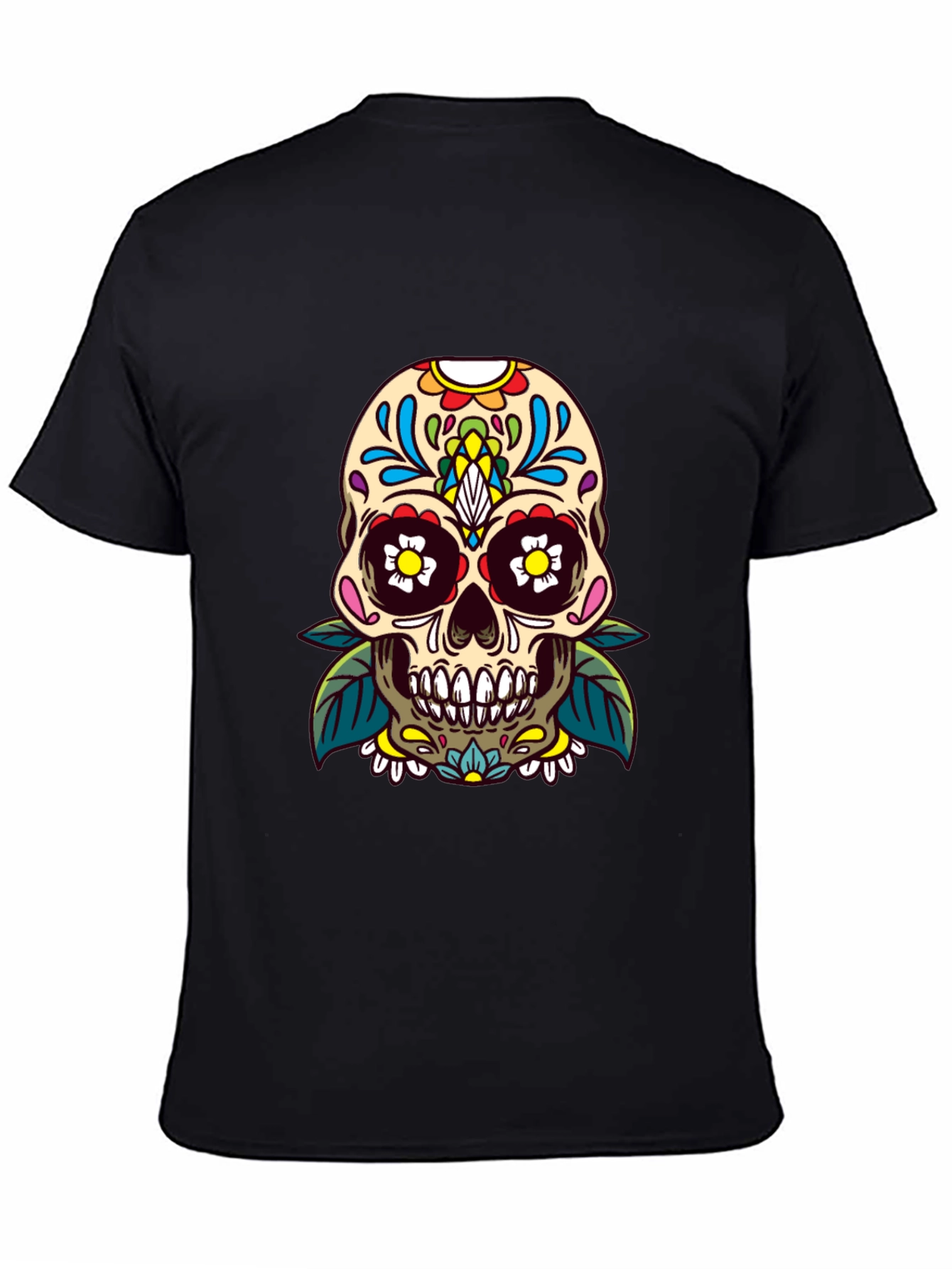 Camiseta Negra con Calavera de Azúcar Floral