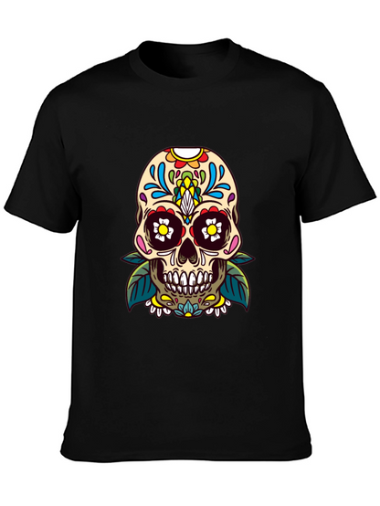Camiseta Negra con Calavera de Azúcar Floral