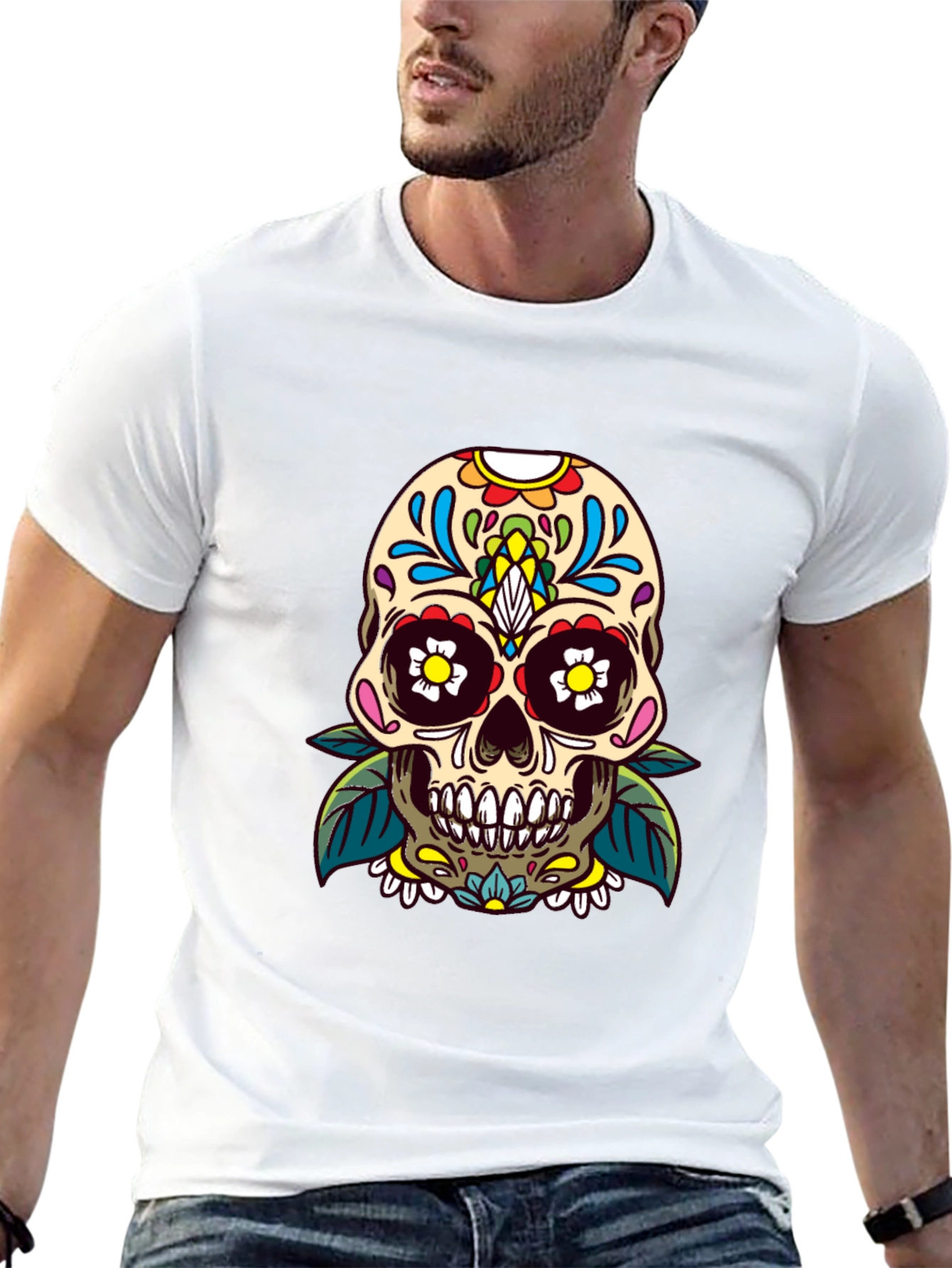 Camiseta Negra con Calavera de Azúcar Floral