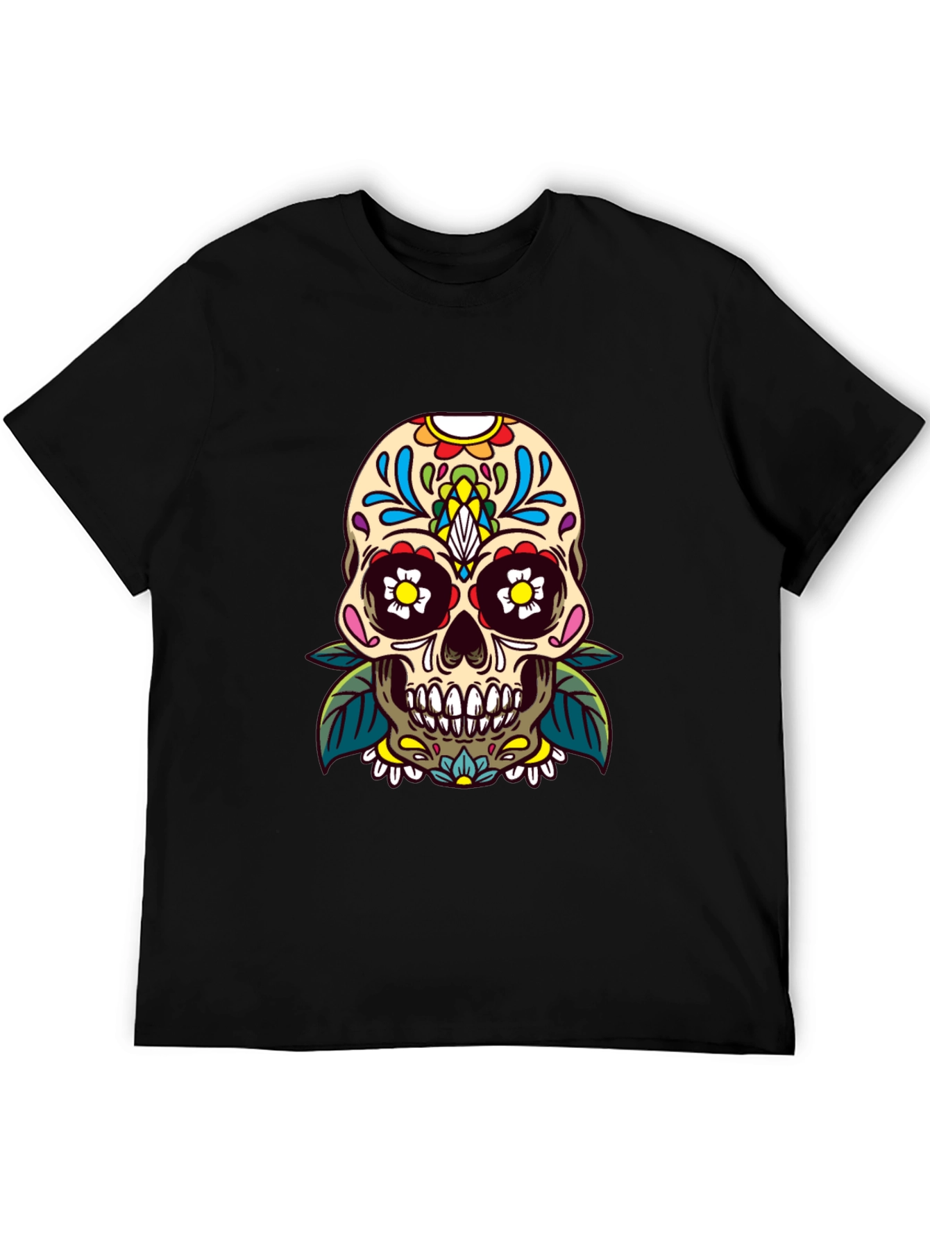 Camiseta Negra con Calavera de Azúcar Floral