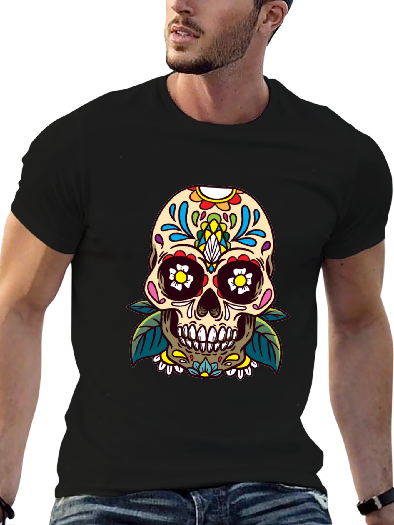 Camiseta Negra con Calavera de Azúcar Floral