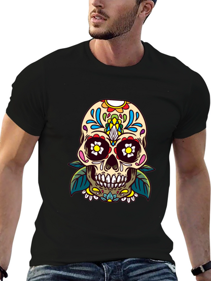 Camiseta Negra con Calavera de Azúcar Floral