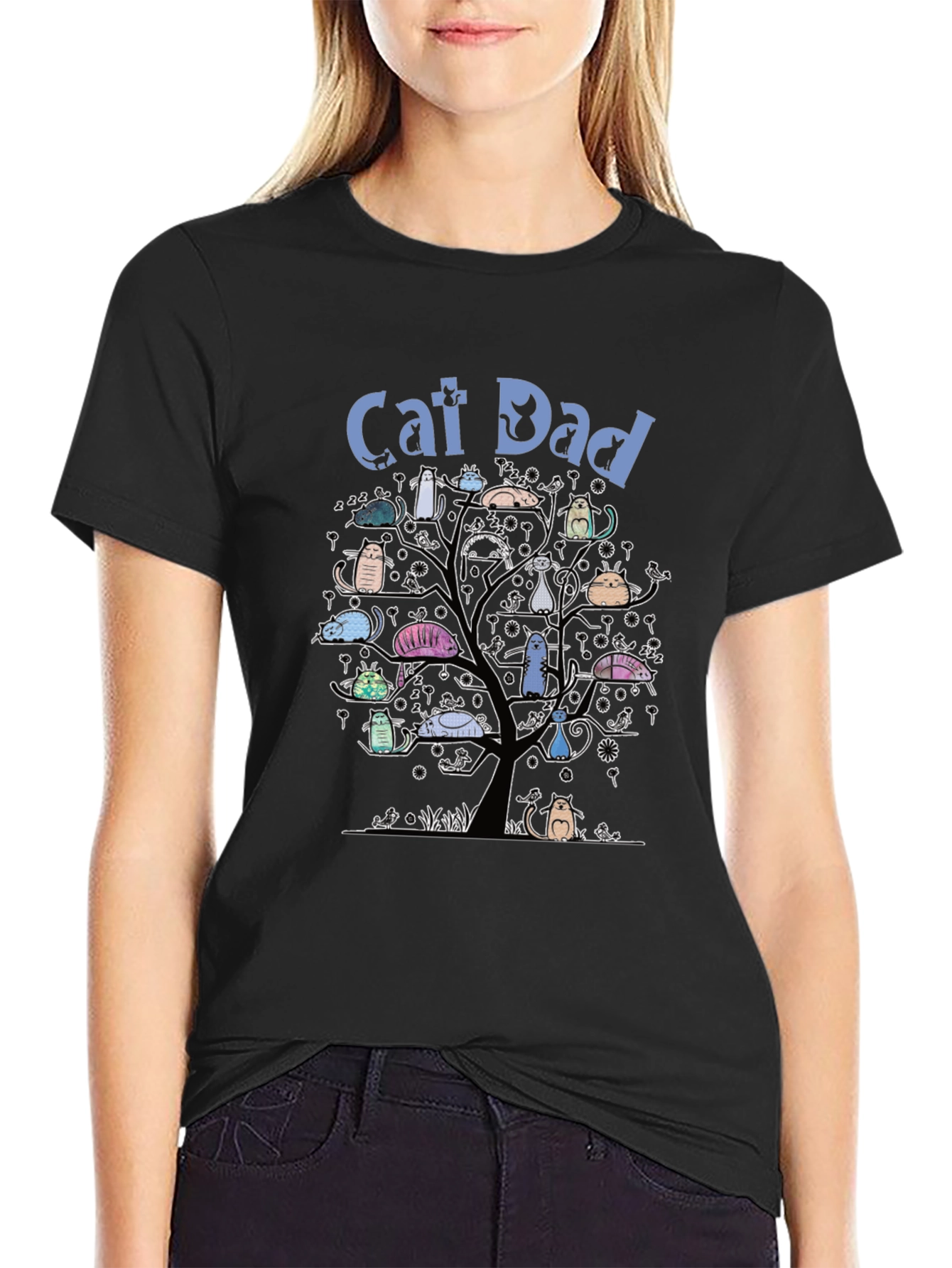 Camiseta Hombre Negra Cat Dad Árbol de Gatos