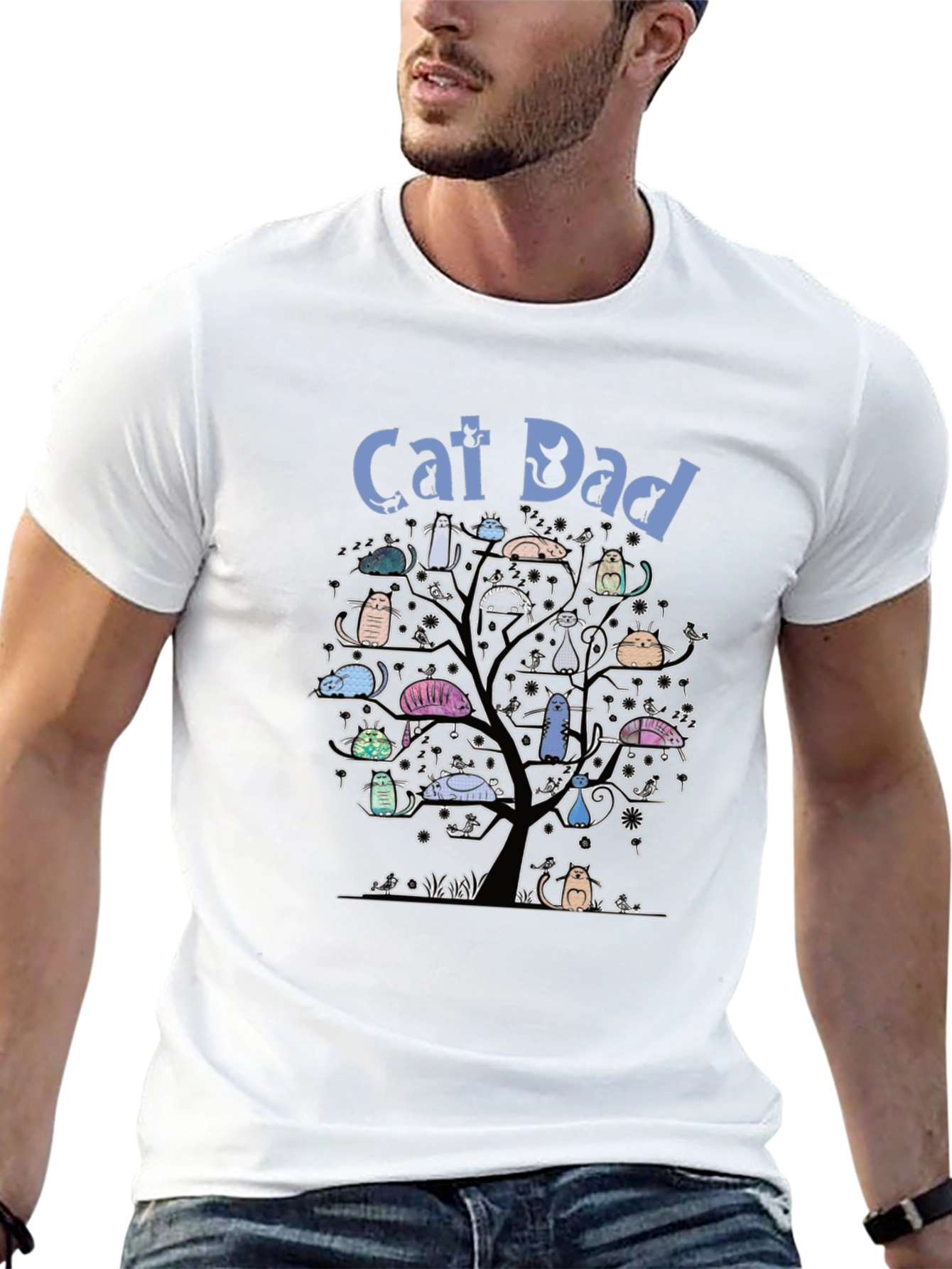 Camiseta Hombre Negra Cat Dad Árbol de Gatos