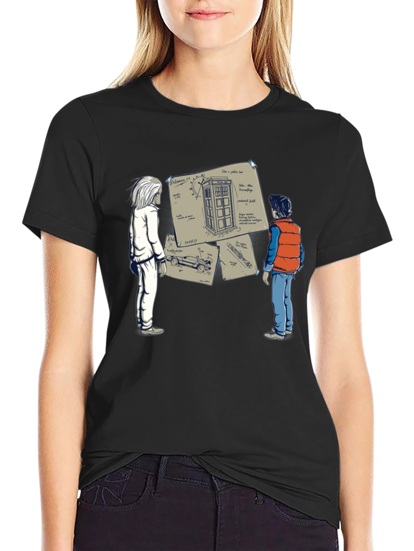Camiseta Negra: Doc y Marty con la Tardis