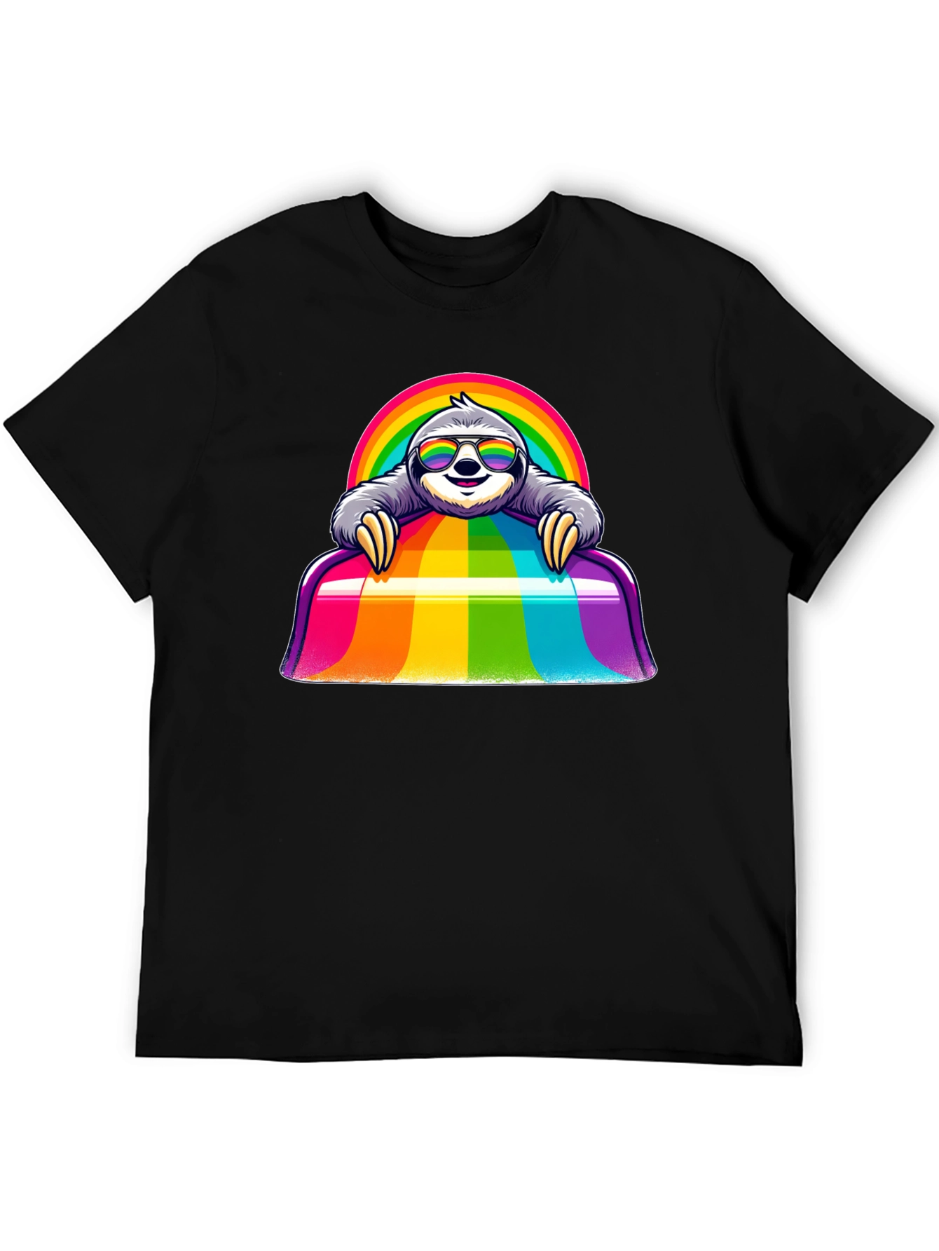 Camiseta Negra con Diseño de Perezoso Arcoíris