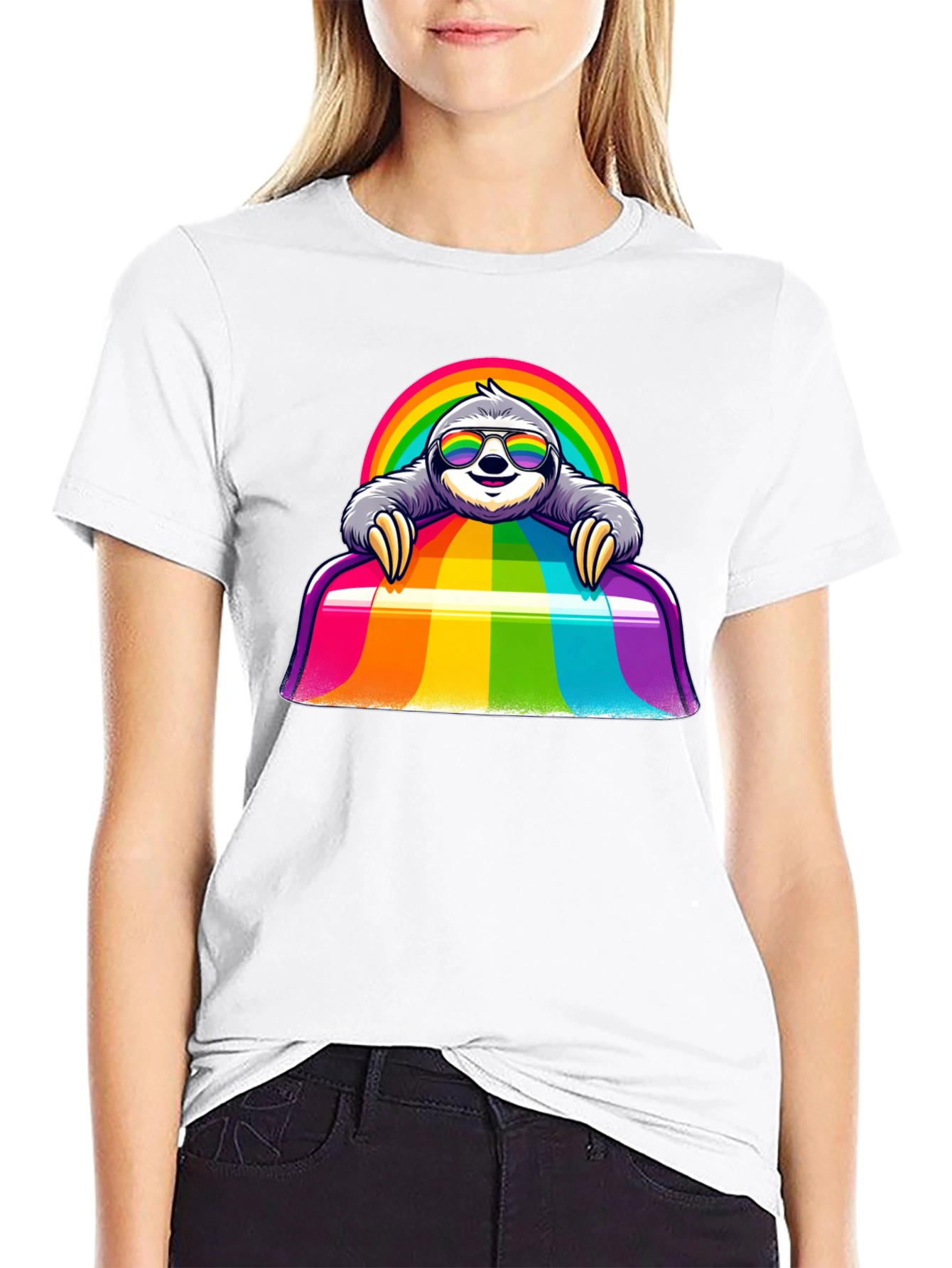 Camiseta Negra con Diseño de Perezoso Arcoíris