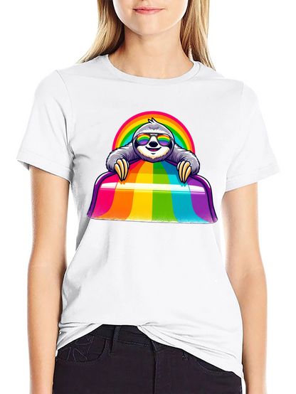 Camiseta Negra con Diseño de Perezoso Arcoíris