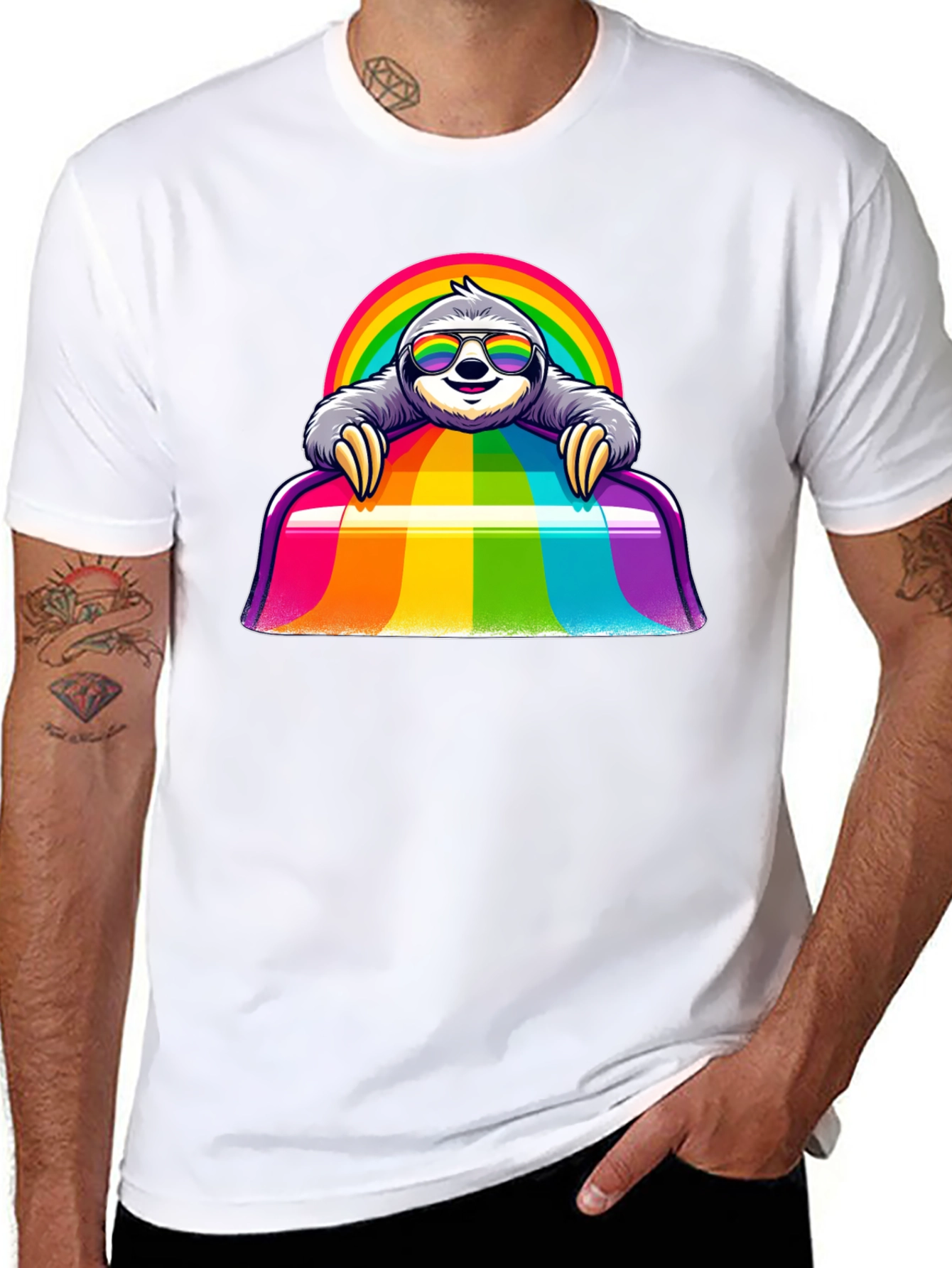 Camiseta Negra con Diseño de Perezoso Arcoíris