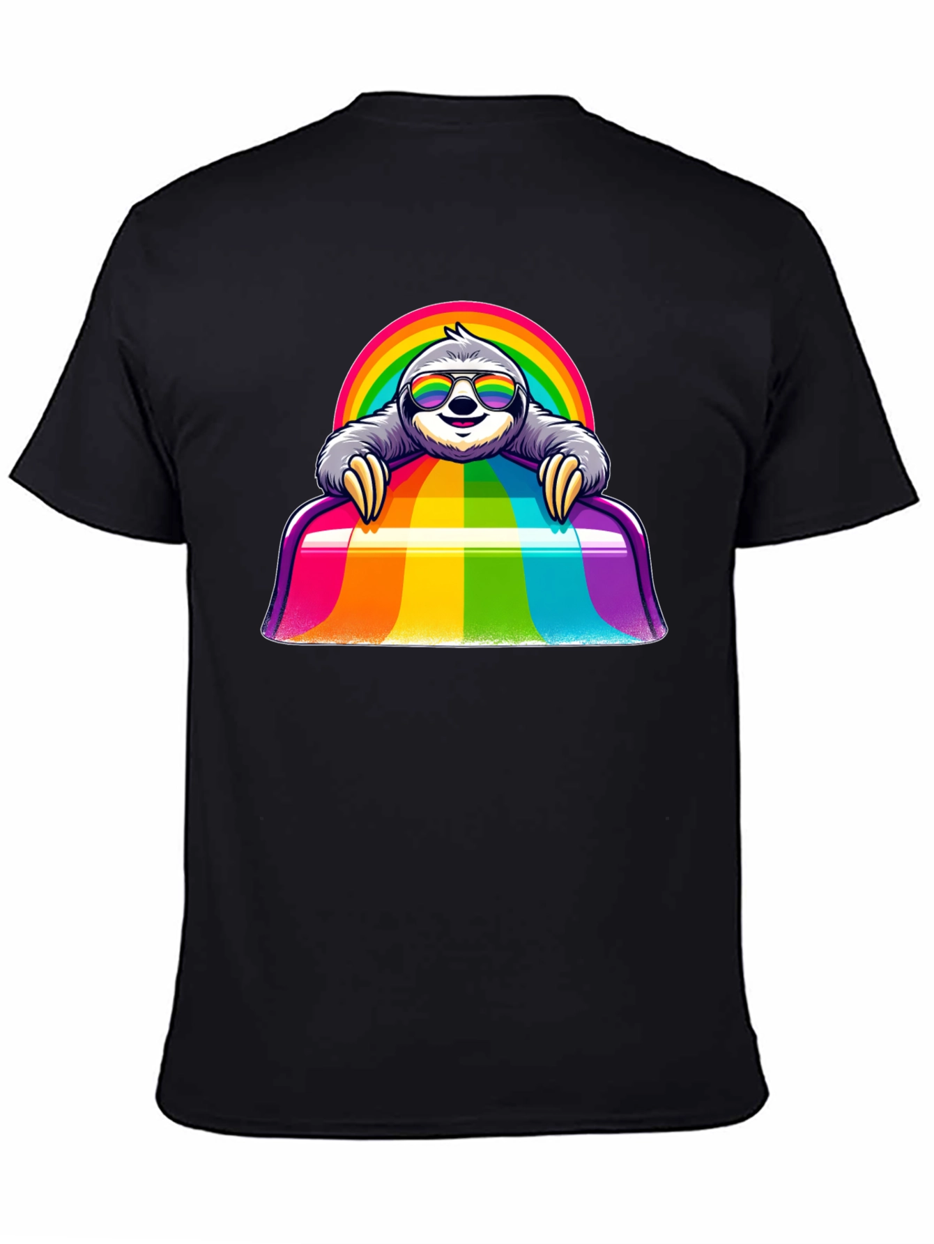 Camiseta Negra con Diseño de Perezoso Arcoíris
