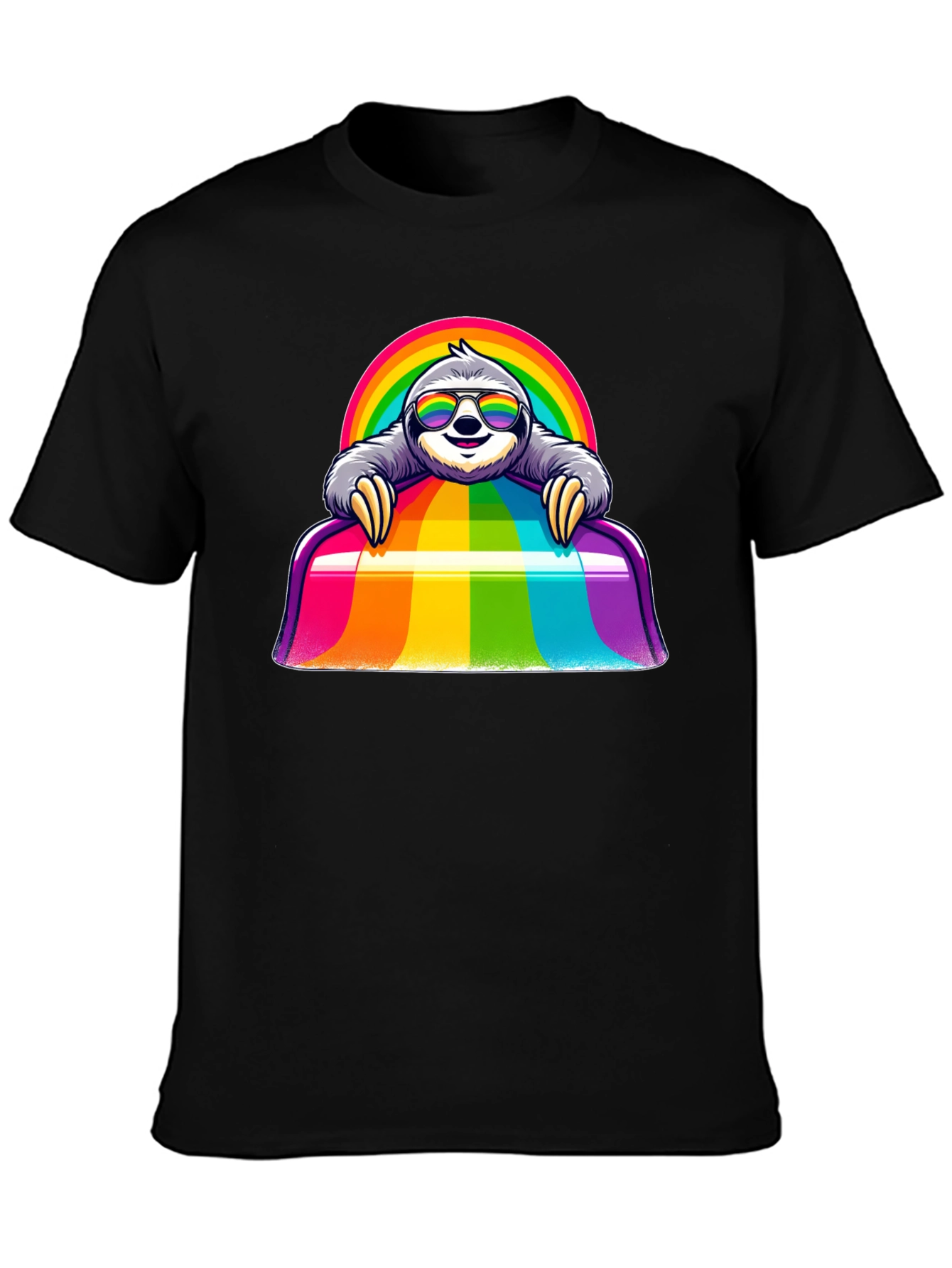Camiseta Negra con Diseño de Perezoso Arcoíris