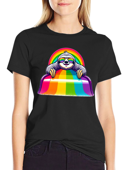 Camiseta Negra con Diseño de Perezoso Arcoíris