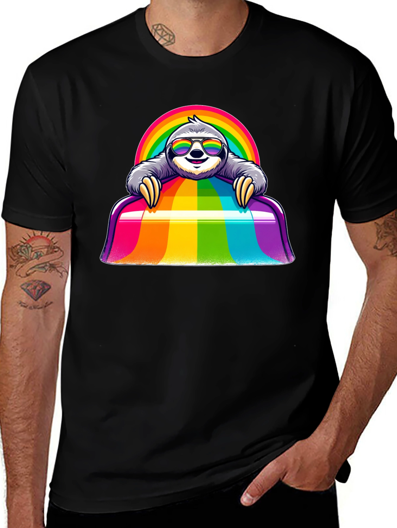 Camiseta Negra con Diseño de Perezoso Arcoíris