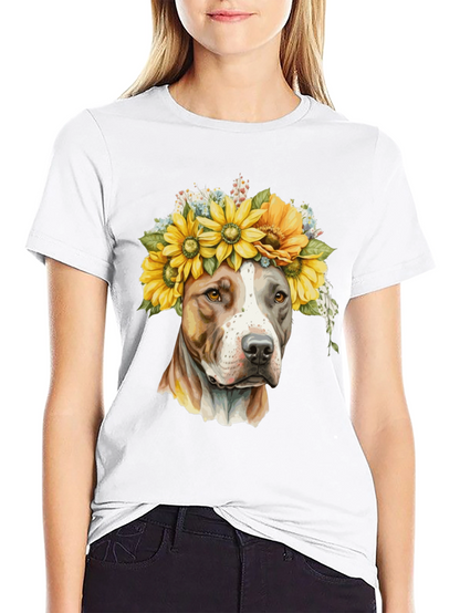 Camiseta Negra con Diseño de Pitbull y Girasoles