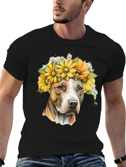 Camiseta Negra con Diseño de Pitbull y Girasoles
