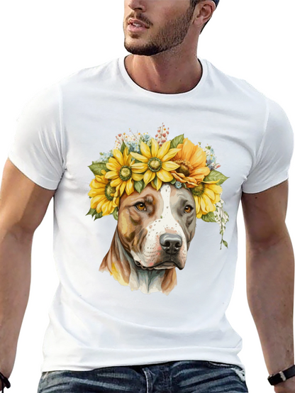 Camiseta Negra con Diseño de Pitbull y Girasoles