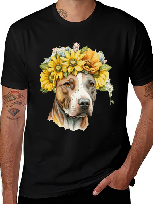 Camiseta Negra con Diseño de Pitbull y Girasoles