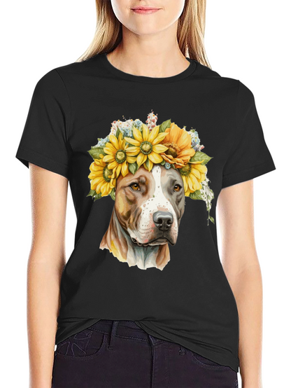 Camiseta Negra con Diseño de Pitbull y Girasoles
